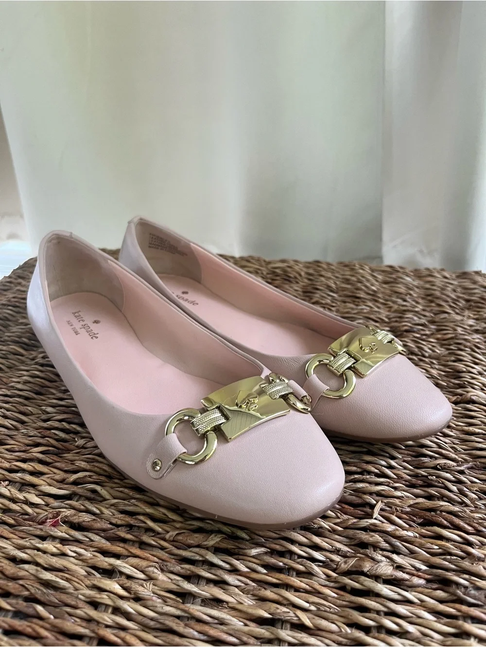 kate spade Pale Pink Leather Ballet Flats with Gold Chain Accent